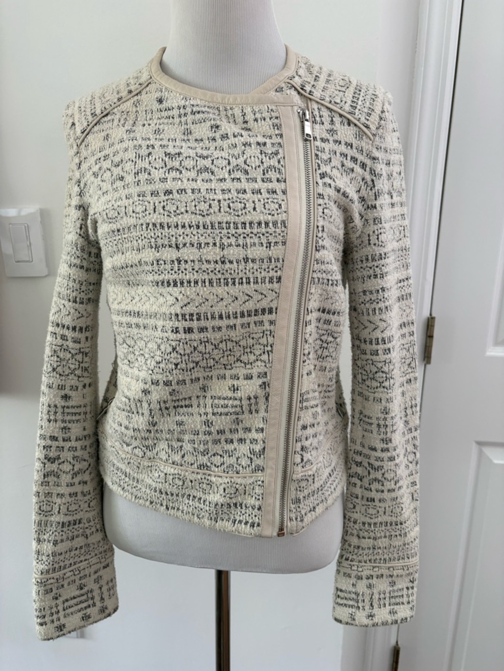 Joie Cream and Black Lamb Skin Cotton Textured Zip-Front Blazer Sz S